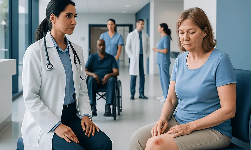 Doctor consulting a patient with skin ulcers in a hospital corridor.