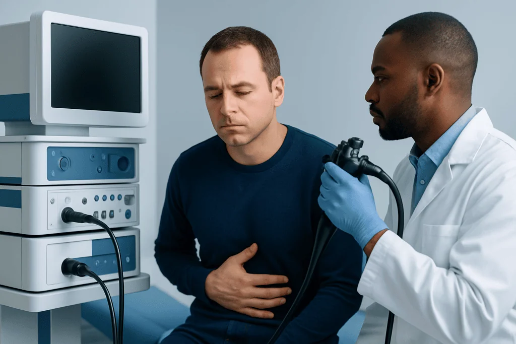 Doctor performs endoscopy on patient with stomach discomfort in hospital setting.