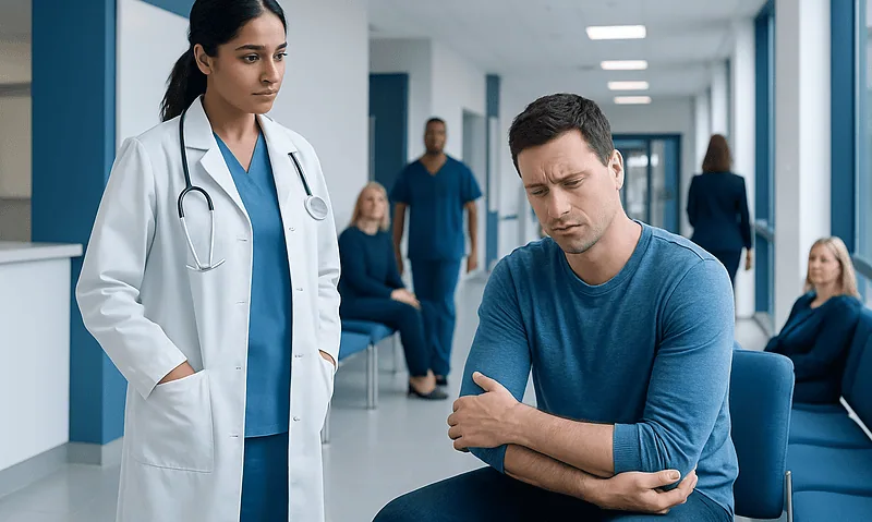 Patient with arm pain consulting a doctor in hospital corridor.