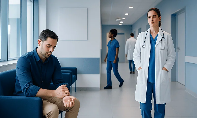 Patient with wrist pain consulting a doctor in hospital corridor.