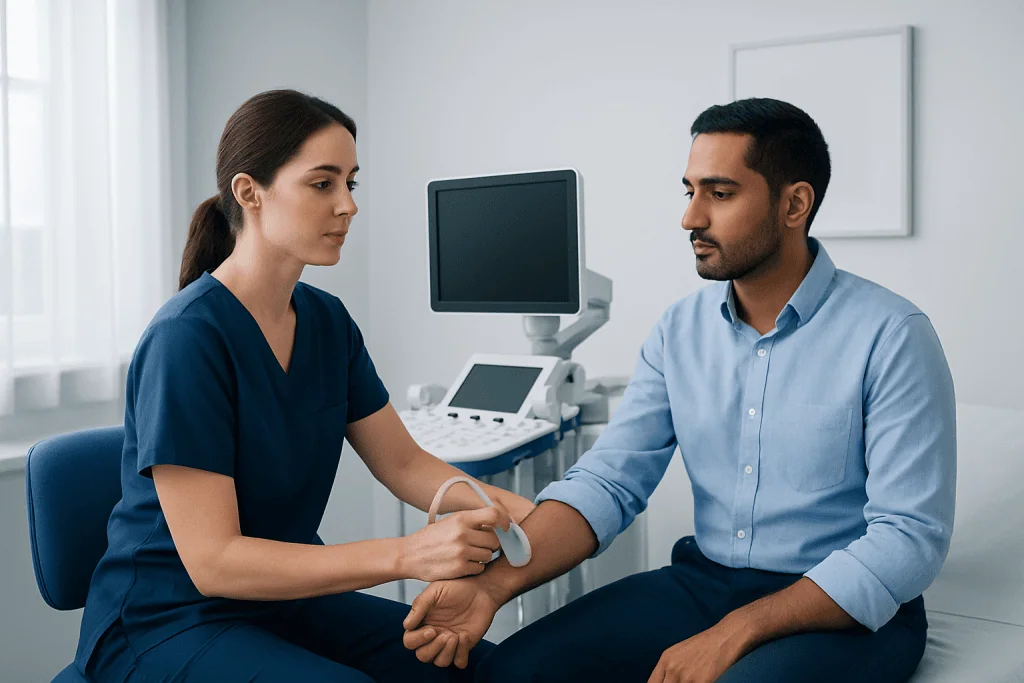 Doctor performing peripheral nerve ultrasound on patient in clinical setting.