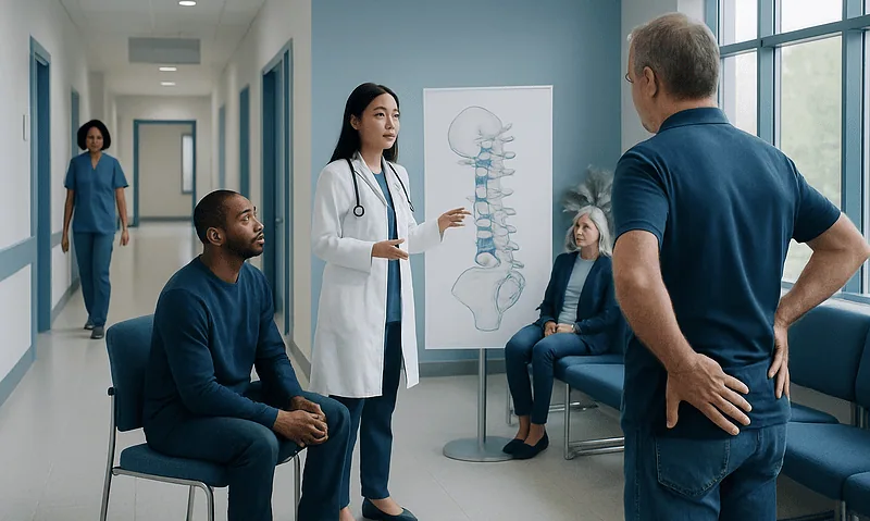 Medical consultation about spine health in a hospital setting.