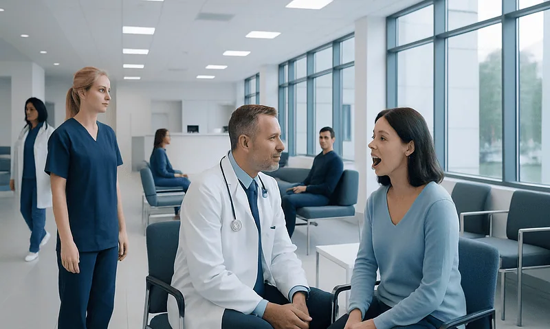 Doctor consulting with a patient in a modern hospital waiting area.