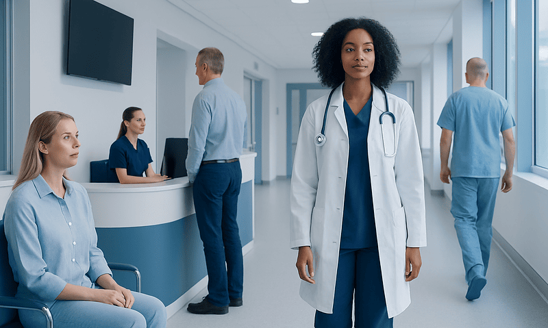 Diverse medical team in a modern hospital corridor with patients and staff.