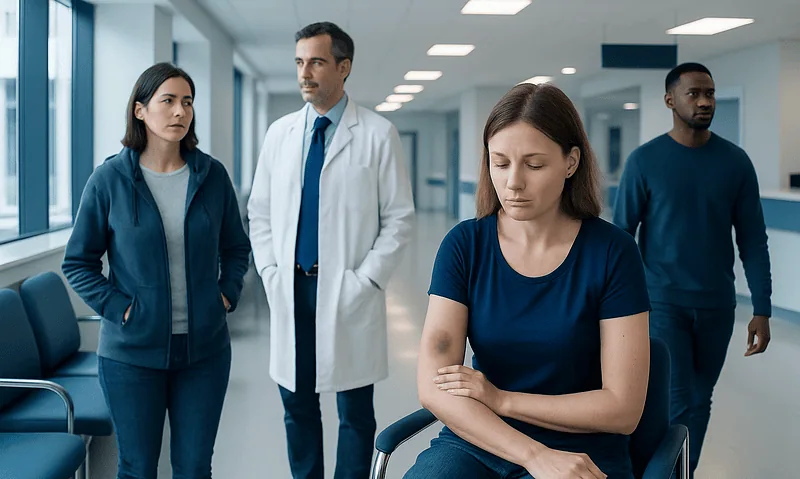 Young woman with unexplained bruises in a hospital corridor.