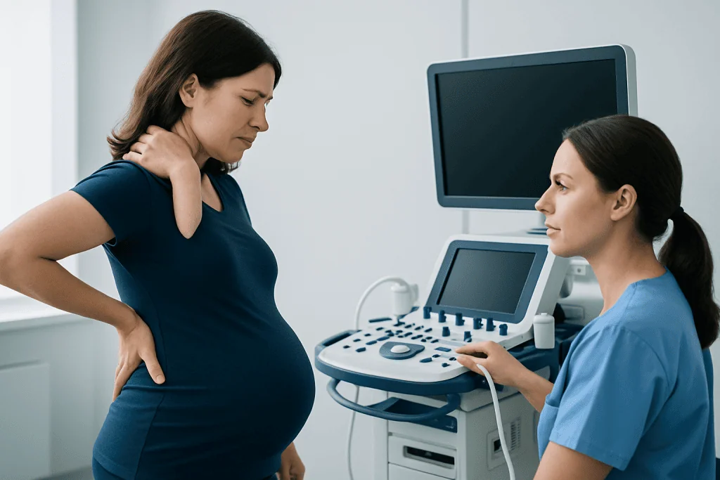 Pregnant woman at ultrasound appointment with healthcare professional.