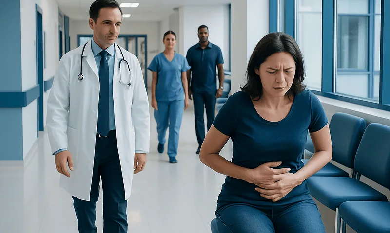 Doctor examining woman with stomach pain in hospital corridor.
