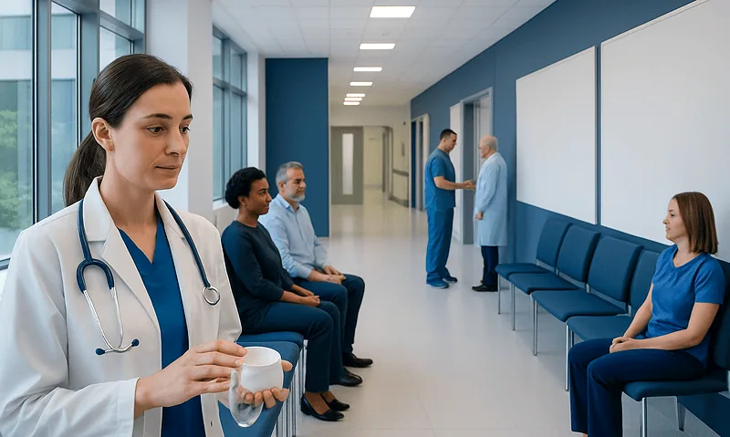 Healthcare professionals and patients in a hospital corridor.