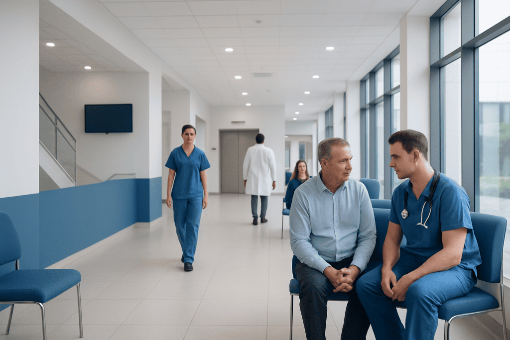 Uremia: Symptoms, Causes, and Treatment Options 1 Doctor consulting with patient in hospital corridor at Acibadem Hospitals Group.