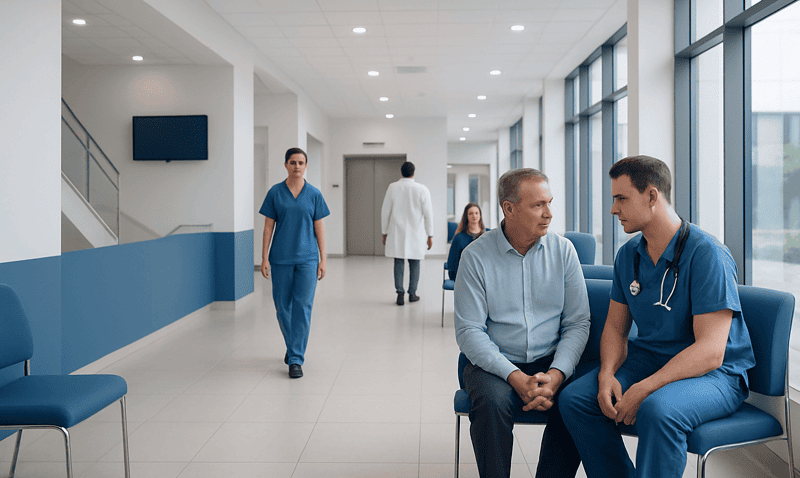 Doctor consulting with patient in hospital corridor at Acibadem Hospitals Group.