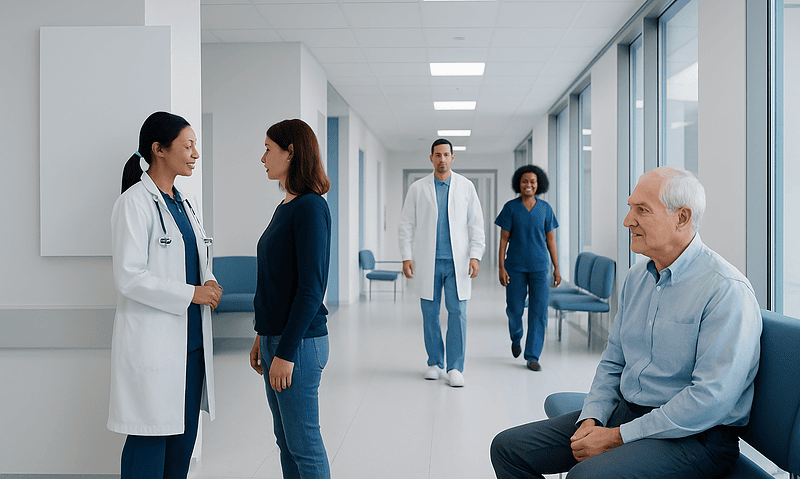 Medical professionals consulting with a patient in a hospital corridor.