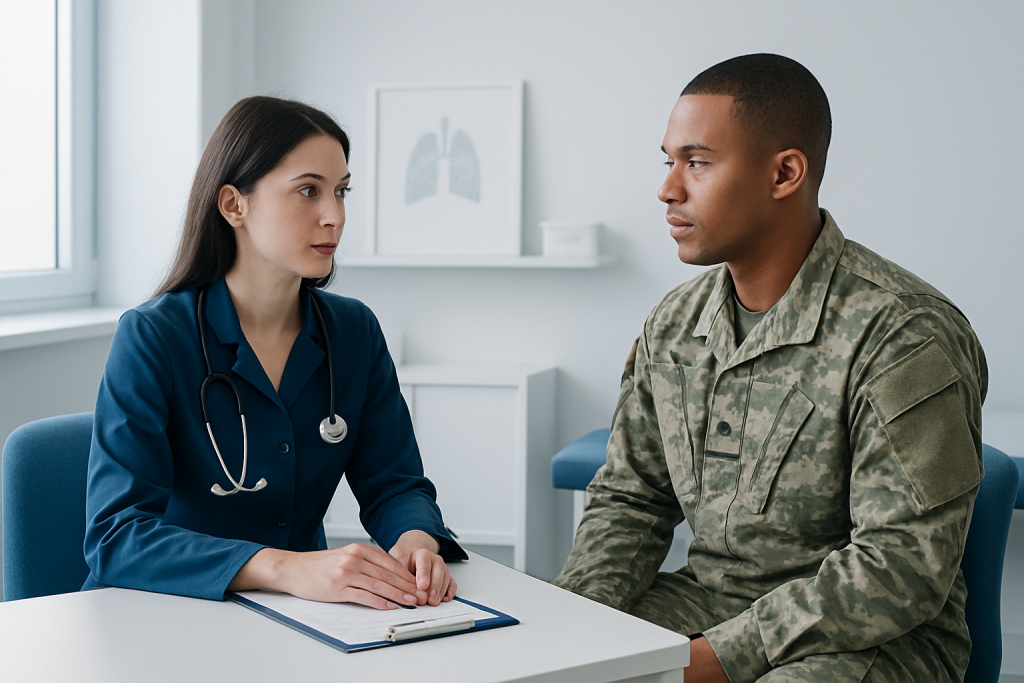 Doctor consulting with a military patient in a medical office.