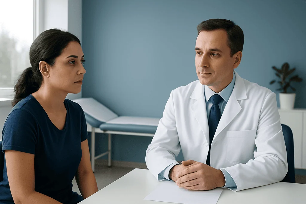 Doctor consulting with a female patient in a medical office.