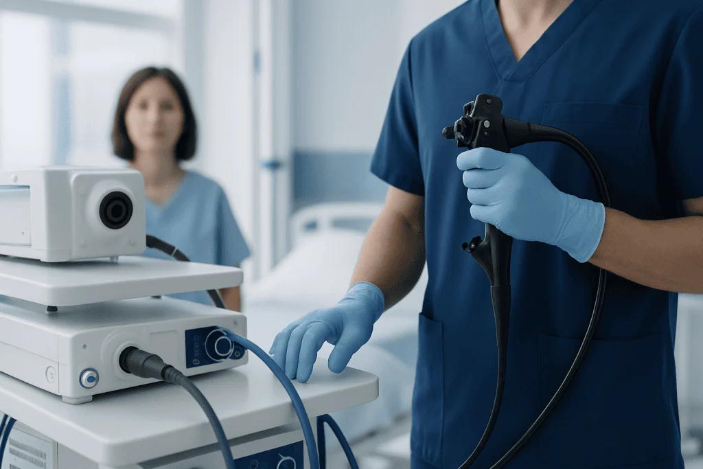 Medical professional preparing endoscopy equipment in hospital setting.