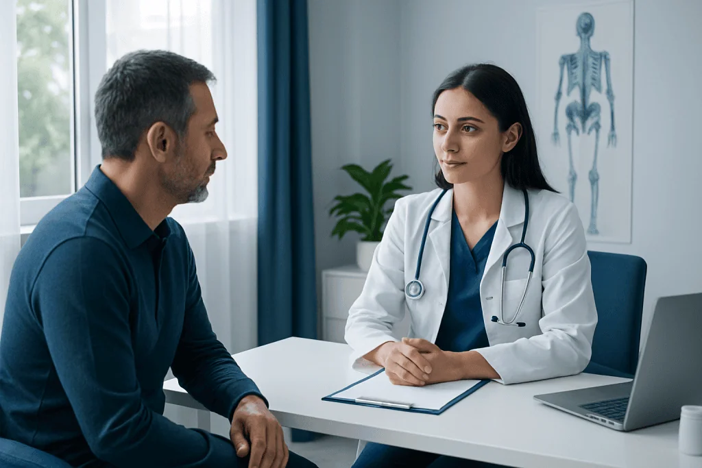 Doctor consulting with patient in a medical office in Turkey.