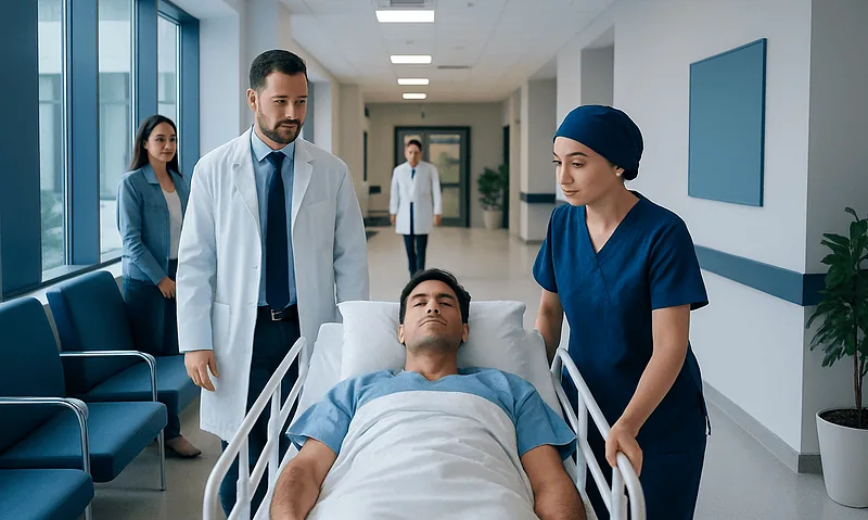 Patient in recovery room with medical staff after anesthesia at Acibadem Hospital.