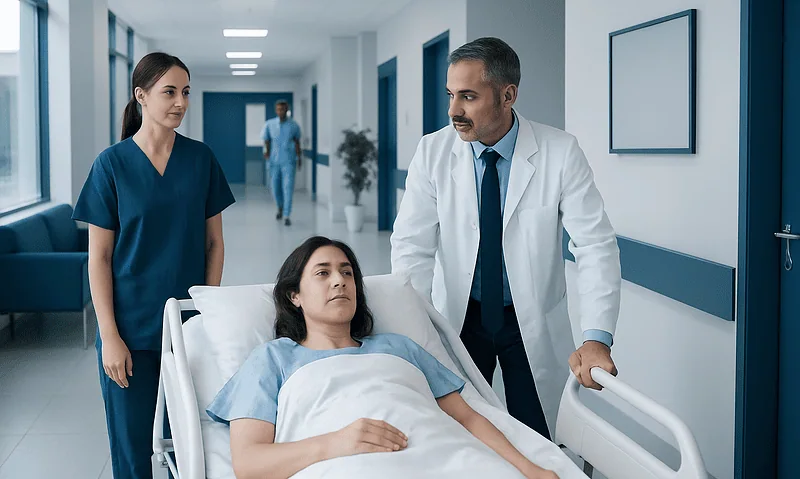 Patient in recovery room with medical staff after anesthesia.