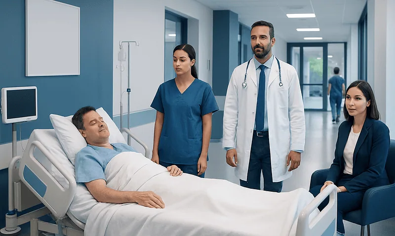 Doctor and nurses with patient in hospital room after anesthesia.