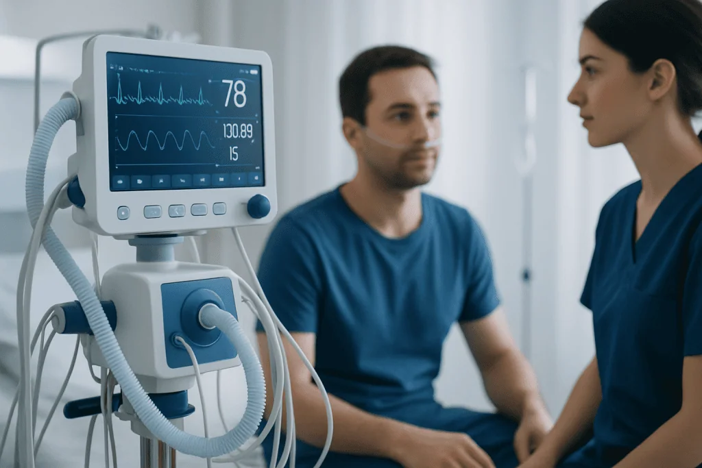 Medical monitoring device displaying vital signs in a hospital setting.