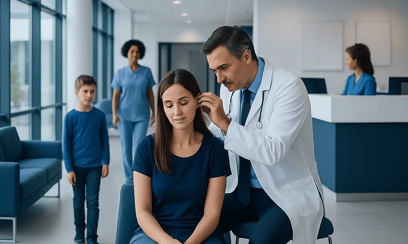 Doctor examining a woman's ear in a modern clinic setting.