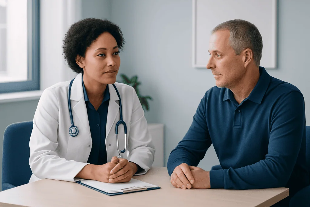 Doctor consulting with a patient in a medical office setting.
