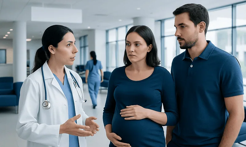 Doctor consulting pregnant woman with partner in hospital corridor.