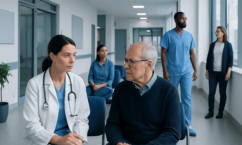 Medical consultation with healthcare professionals in a hospital corridor.