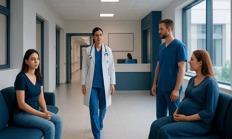 Medical team consulting pregnant women in hospital corridor.