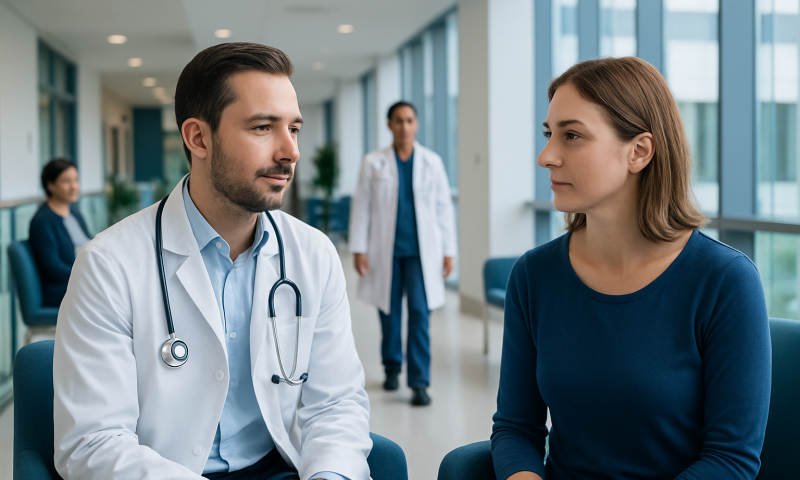 Doctor consulting with a patient in a modern hospital corridor.