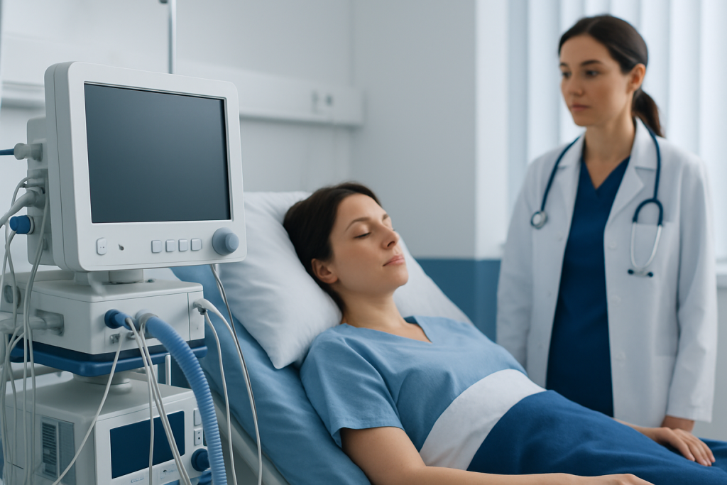 Patient in hospital bed with medical monitor and doctor nearby.