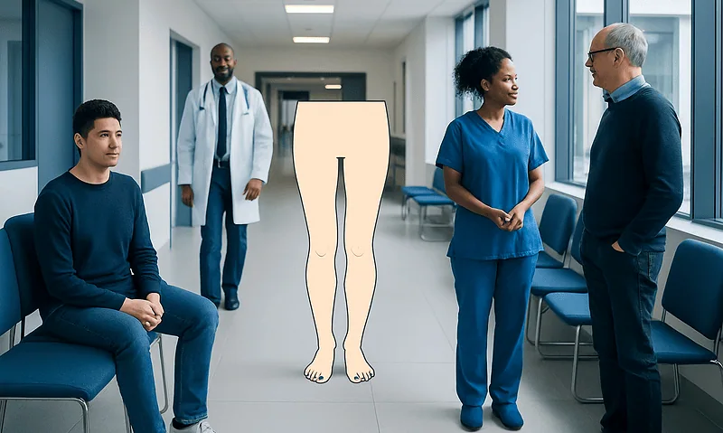 Medical consultation about leg deformity with healthcare professionals at hospital.