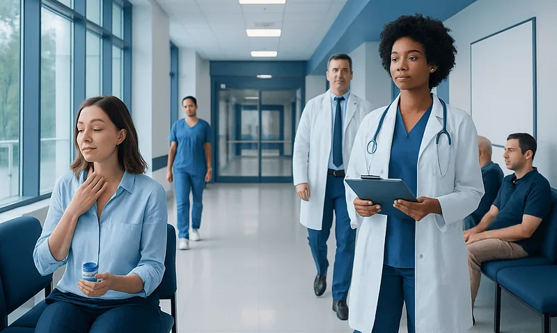 Healthcare professionals and patients in a hospital corridor.