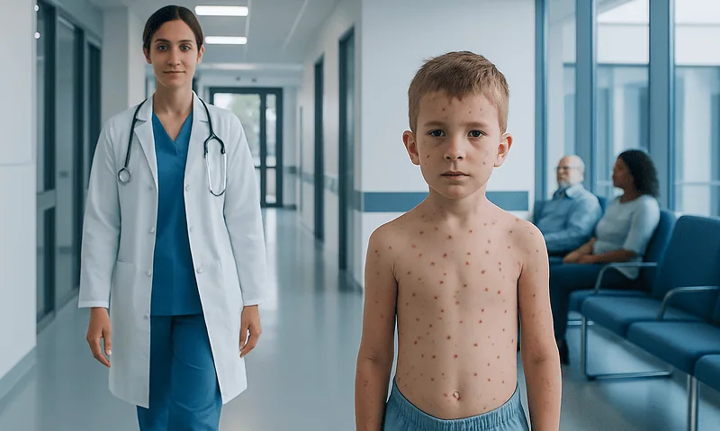 Child with varicella rash in hospital corridor with medical staff.