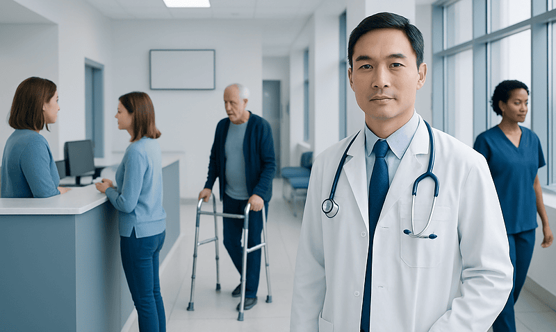 Medical professional in hospital corridor with patients and staff.