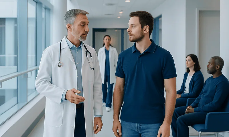Doctor consulting young male patient in hospital corridor.