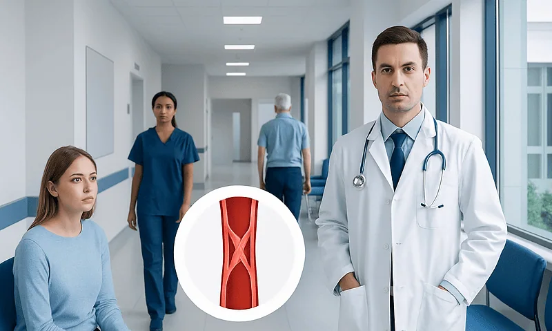 Medical professionals and patient in hospital corridor with artery diagram.