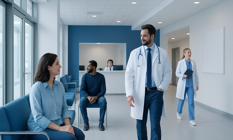 Doctor talking to a patient in a modern hospital waiting area.