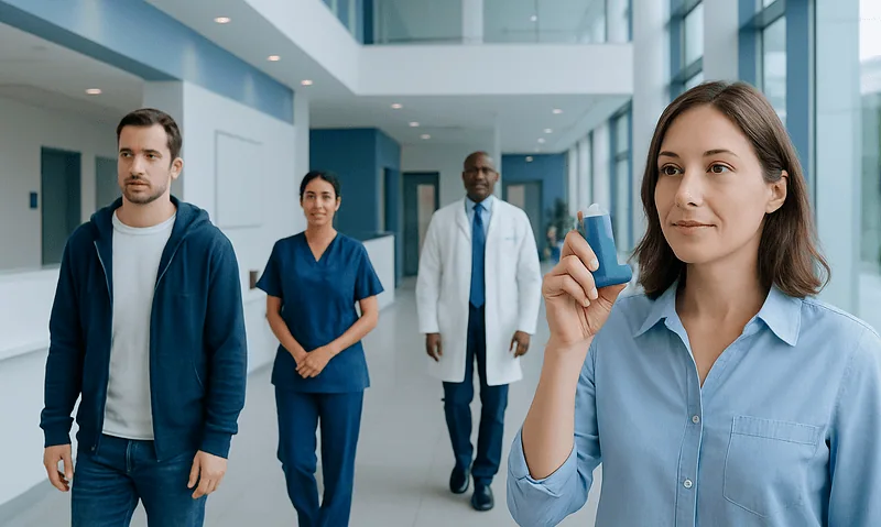 Healthcare professionals in a hospital corridor with a woman holding an inhaler.
