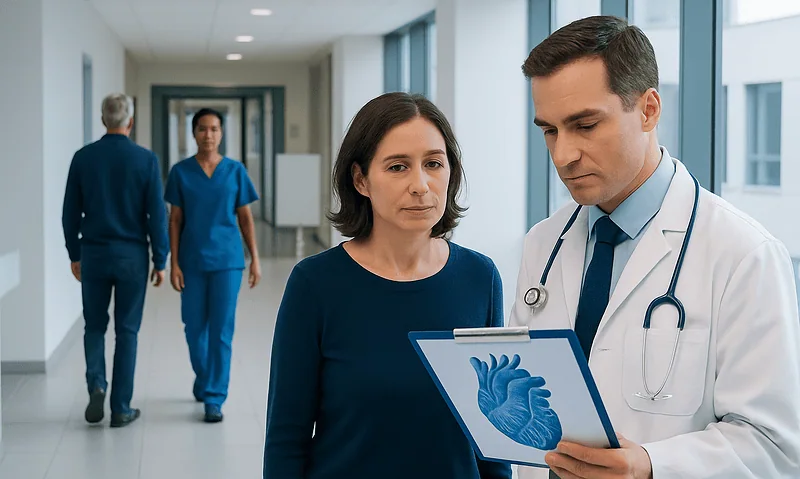 Medical team discussing heart health in hospital corridor.