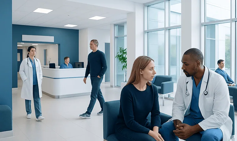 Doctor consulting with a patient in a modern hospital waiting area.