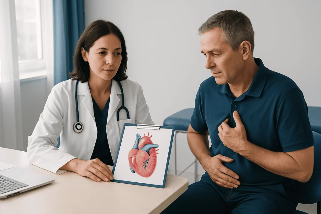 Doctor explaining heart health to patient with heart diagram.