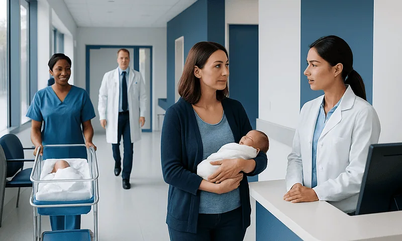 Vernix — Explained by Medical Evidence, Not Myths 7 Mother with newborn at hospital reception with medical staff in background.