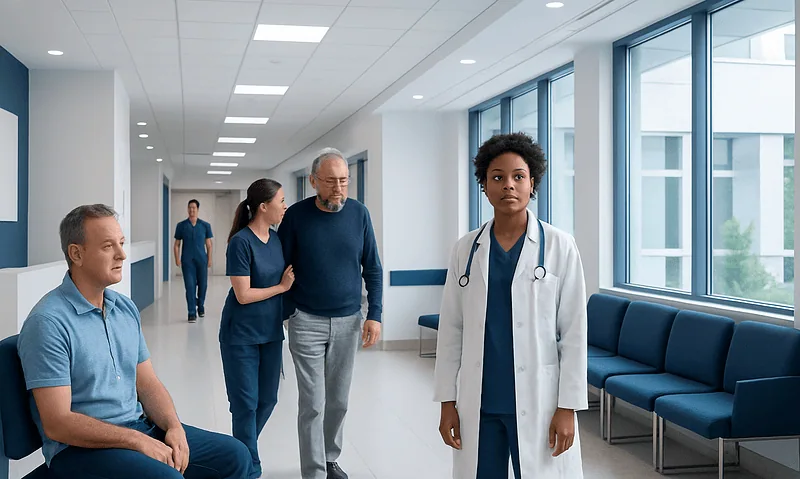 Medical staff and patients in a hospital corridor at Acibadem Hospitals Group.