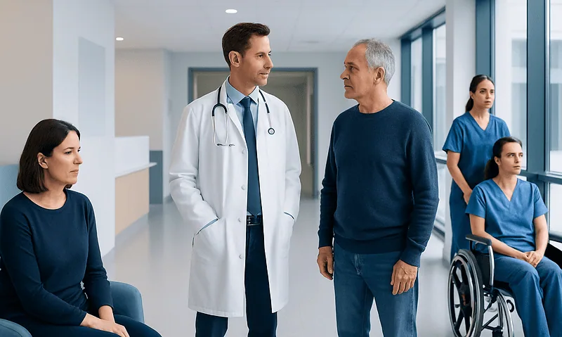 Doctor consulting with an elderly patient in a hospital corridor with nurses nearby.