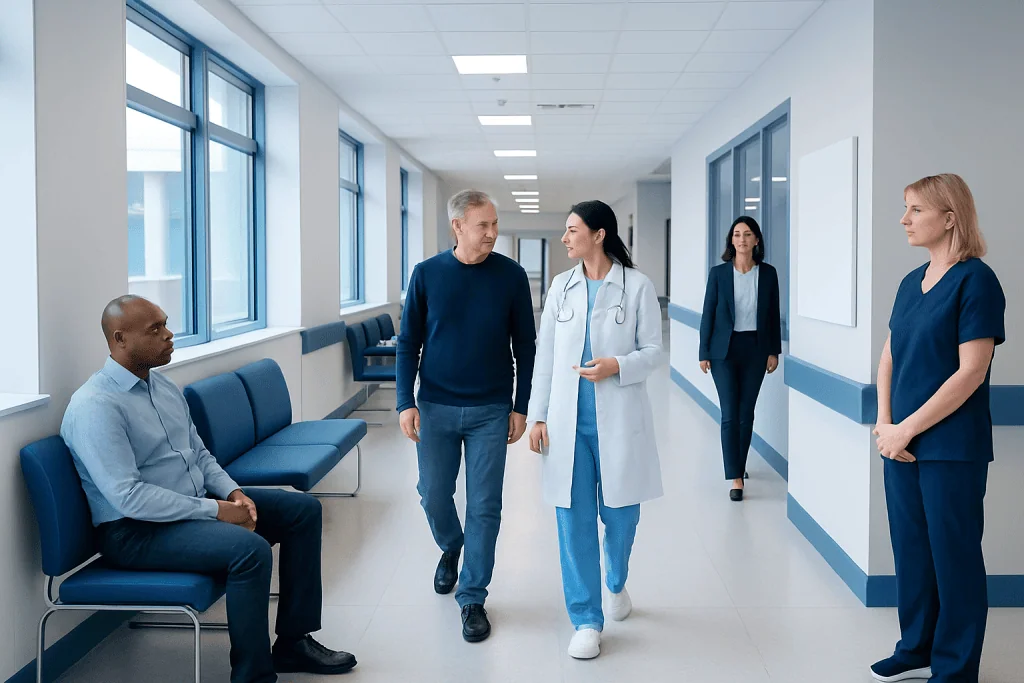 Vesicle Seminal: An Evidence-Based Guide for Patients 1 Medical professionals and patient in hospital corridor at Acibadem Hospitals Group.