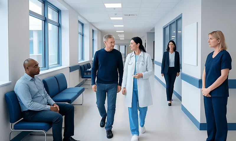 Medical professionals and patient in hospital corridor at Acibadem Hospitals Group.
