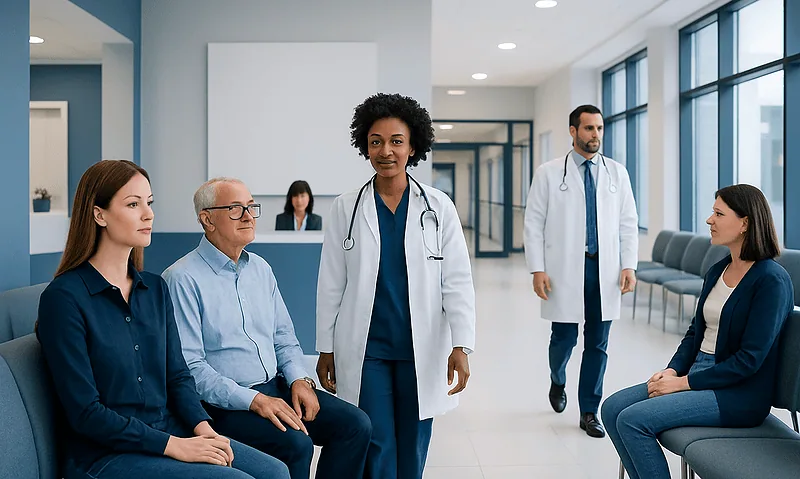Medical professionals consulting patients in a modern hospital waiting area.