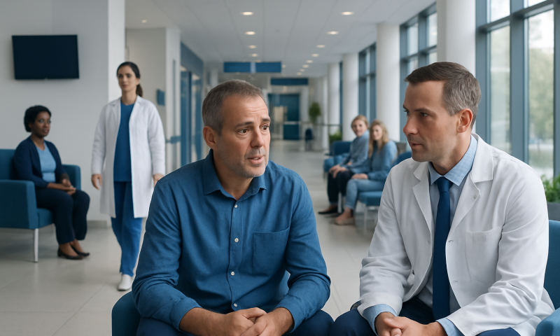 Doctor consulting with patient in hospital corridor for sexual health issues.
