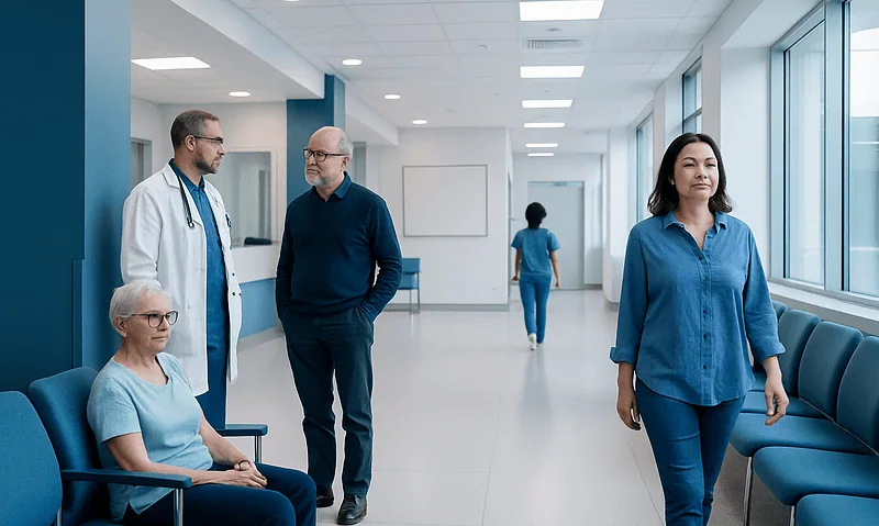 Medical staff and patient in hospital corridor at Acibadem Hospitals Group.
