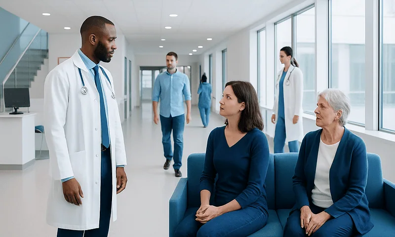 Doctor consulting with two female patients in hospital corridor.